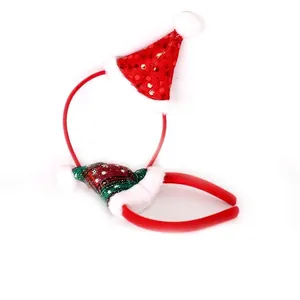 Christmas headband set featuring red sequin mini hat and green plaid snowflake pattern designs