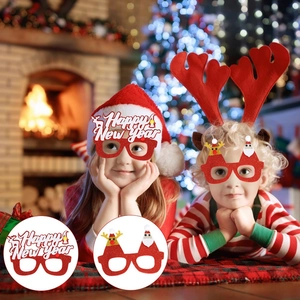 Kids wearing festive red glitter Christmas and New Year party glasses with cute cartoon decor