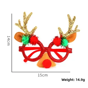 Detailed view of Christmas reindeer glasses showing dimensions 14x15cm and 14.9g weight