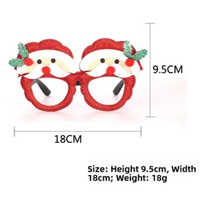Detail view of 18cm wide red sequined Santa Claus glasses with dimensions and weight info