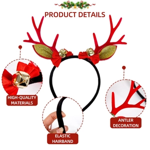 Christmas reindeer antler headband with gold sequins, bells and red bow on white background