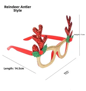 Christmas party glasses with red glitter antlers and gold frames measuring 17x11x14.5cm