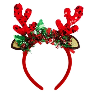 Christmas reindeer antler headband with red sequins and festive tinsel party decoration