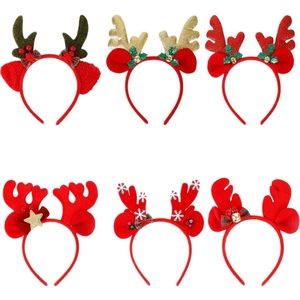 Set of 6 Christmas reindeer antler headbands with glitter stars and bells on white background