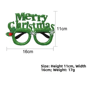 Glittery green Merry Christmas glasses with size dimensions 11cm by 16cm for party wear