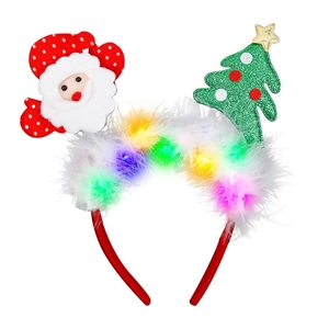 LED Christmas headband with white feathers, Santa and glittery tree on white background