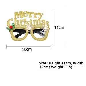 Detail showing dimensions of 16cm width for gold glitter Merry Christmas party glasses