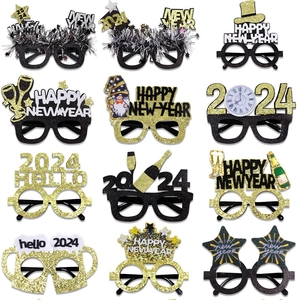 12er-Set Schwarz-Gold 2024 Happy New Year Partybrillen und Foto-Requisiten-Set