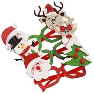Detail of Christmas glitter glasses featuring Santa, snowman, and reindeer party props