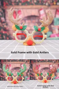 Detailed set of Christmas reindeer antler glasses with gold, green and red glitter finish