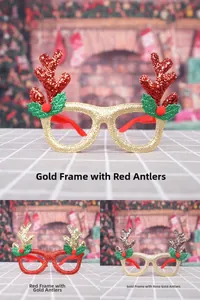 Close-up of glittery reindeer antler glasses in gold and red for Christmas party props
