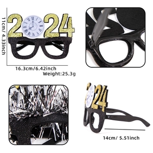 Glittering 2024 New Year party glasses with gold clock face and black star frame