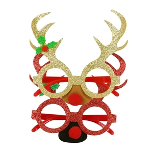 Detail view of festive reindeer antler and red glitter glasses frames for Christmas party