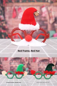 Detailed view of three festive Christmas eyewear frames with antlers and Santa motifs