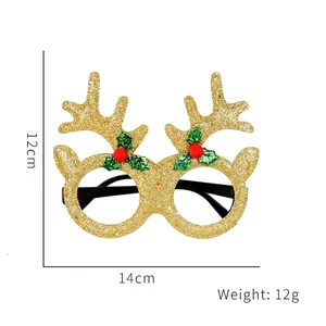 Christmas reindeer antler glasses frame with gold glitter finish and green holly leaves decoration