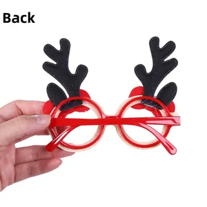 Back view of Christmas party glasses featuring red round frames and black reindeer antlers