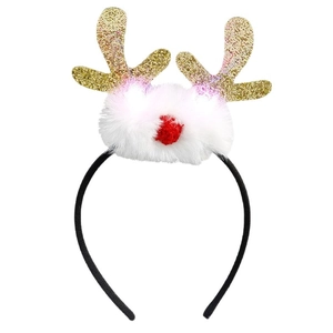 Christmas reindeer antler headband with gold glitter, white plush, and red pompom details