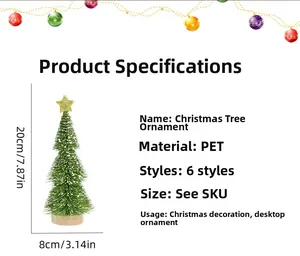Mini PET Christmas pine tree with gold star topper and wooden base in 20cm height detail