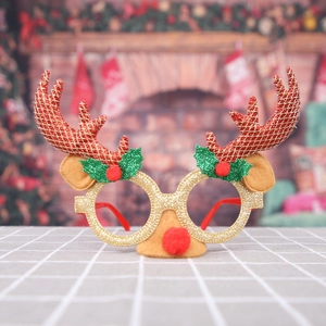 Christmas reindeer antler glasses frame with gold glitter and red pom pom nose prop