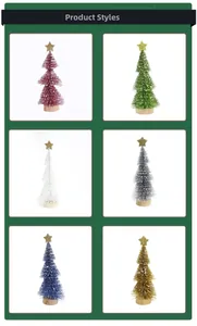 Detailed grid view of mini colorful Christmas trees with star toppers and wooden bases