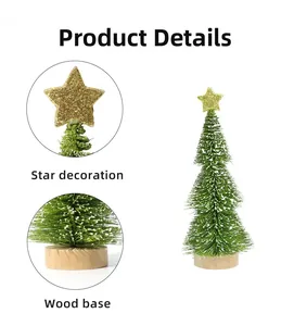 Detail of mini flocked Christmas tree featuring a golden star and natural wood base