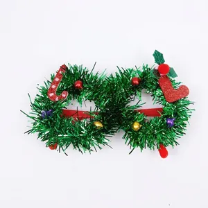 Christmas star glasses frame with green tinsel trim and festive holiday ornaments