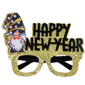 Gold glitter New Year glasses with Happy New Year text and gnome character for party props