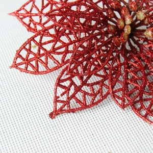 Glittering red hollow artificial Christmas flower decoration for festive tree ornament
