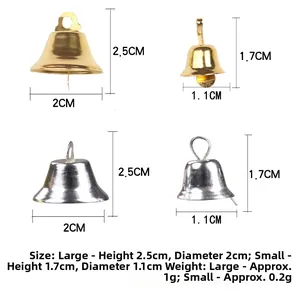 Detail of small gold and silver Christmas bells showing exact dimensions and sizes