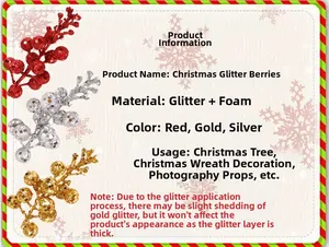 Detail view of foam Christmas berries with glitter coating in red, gold and silver finishes