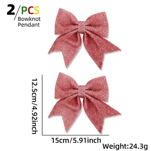 Set of 2 red glitter Christmas bow pendants with 15x12.5cm dimensions on white background