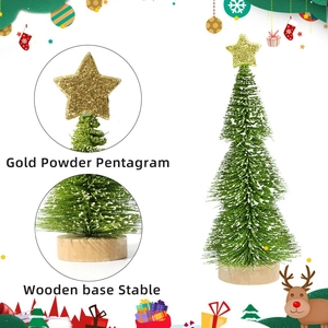 Mini artificial Christmas tree with snow flocking, gold star topper, and solid wooden base