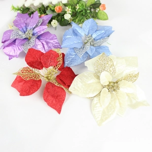 Artificial Christmas Poinsettia Flowers For Xmas Tree Decorations Hollow Glitter Cloth Flower Ornaments For Home Party Holiday Decor