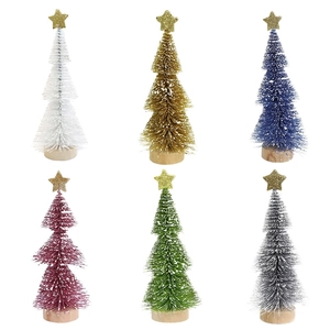 Set of 6 colorful mini frosted Christmas trees with gold stars and wooden bases