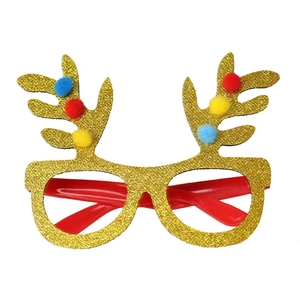 Kerst rendierhoorn brilmontuur met gouden glitters en kleurrijke pluche ballen decor