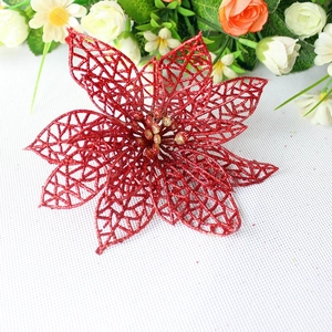 Glittery red hollow artificial Christmas flower for festive tree decoration and DIY crafts