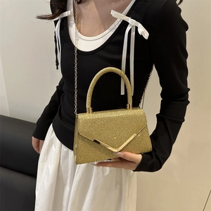 Golden glitter crossbody square bag for women with V-shaped buckle and metal chain strap