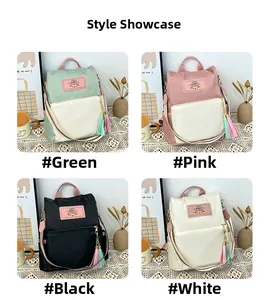 Collage showing green, pink, black and white nylon backpacks with cute tassel charms
