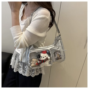 Sac croissant argenté Y2K avec peluche mignonne dans une fenêtre transparente