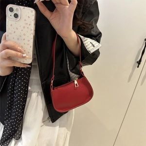 Modern red lychee pattern leather square handbag with golden zipper and slender strap