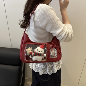 Red transparent ita-bag for plush toy display with adjustable shoulder strap street style