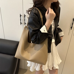 Minimalist khaki lychee texture tote bag for women with spacious interior for daily commute