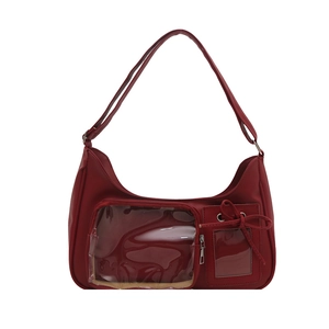 Red minimalist ita tote bag with dual transparent display windows for badges