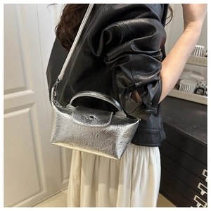 Detail of silver metallic pleated dumpling bag with trapezoid flap and metal buckle