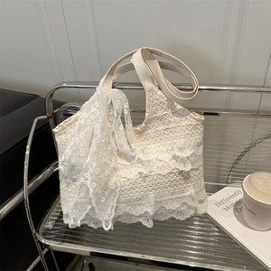 Grand Sac à Main en Dentelle Vintage pour Femmes Grande Capacité Sac à Bandoulière Floral Ajouré Avec Charme de Nœud Sac de Plage