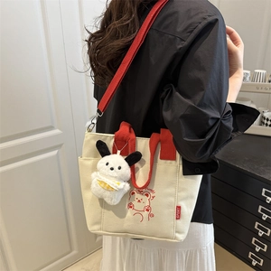 Lightweight contrast canvas tote bag with red handles and cute cartoon bear print