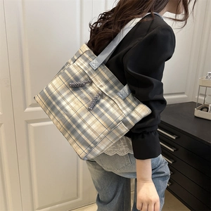 Large plaid tote bag with shoulder strap, minimalist checkered canvas handbag for women