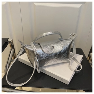 Detail view of silver dumpling bag with metallic wrinkled texture and flap metal buckle
