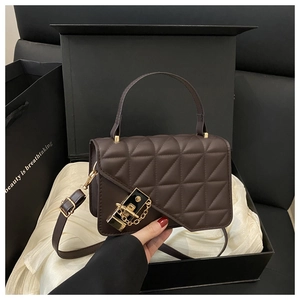 Deep coffee quilted square bag with gold metal lock in premium black gift box set