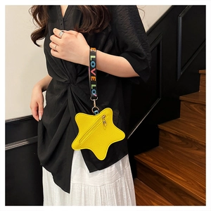 Star-shaped bright yellow leather coin purse with colorful LOVE strap detail